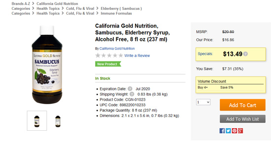 California Gold Nutritionのエルダーベリーシロップセール